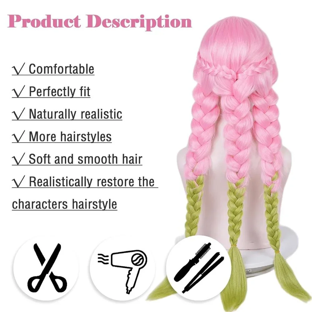 ✨ Women's Max Beauty Anime Pink and Green Wigs Cosplay Braided Hairs Pigtails - Picture 5 of 9